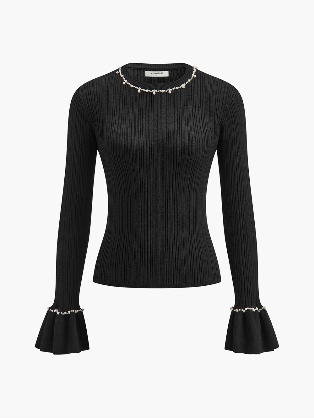 Commense Black Beaded Knit Sweater Pearl Detail Ruffle Sleeve Top Size XL